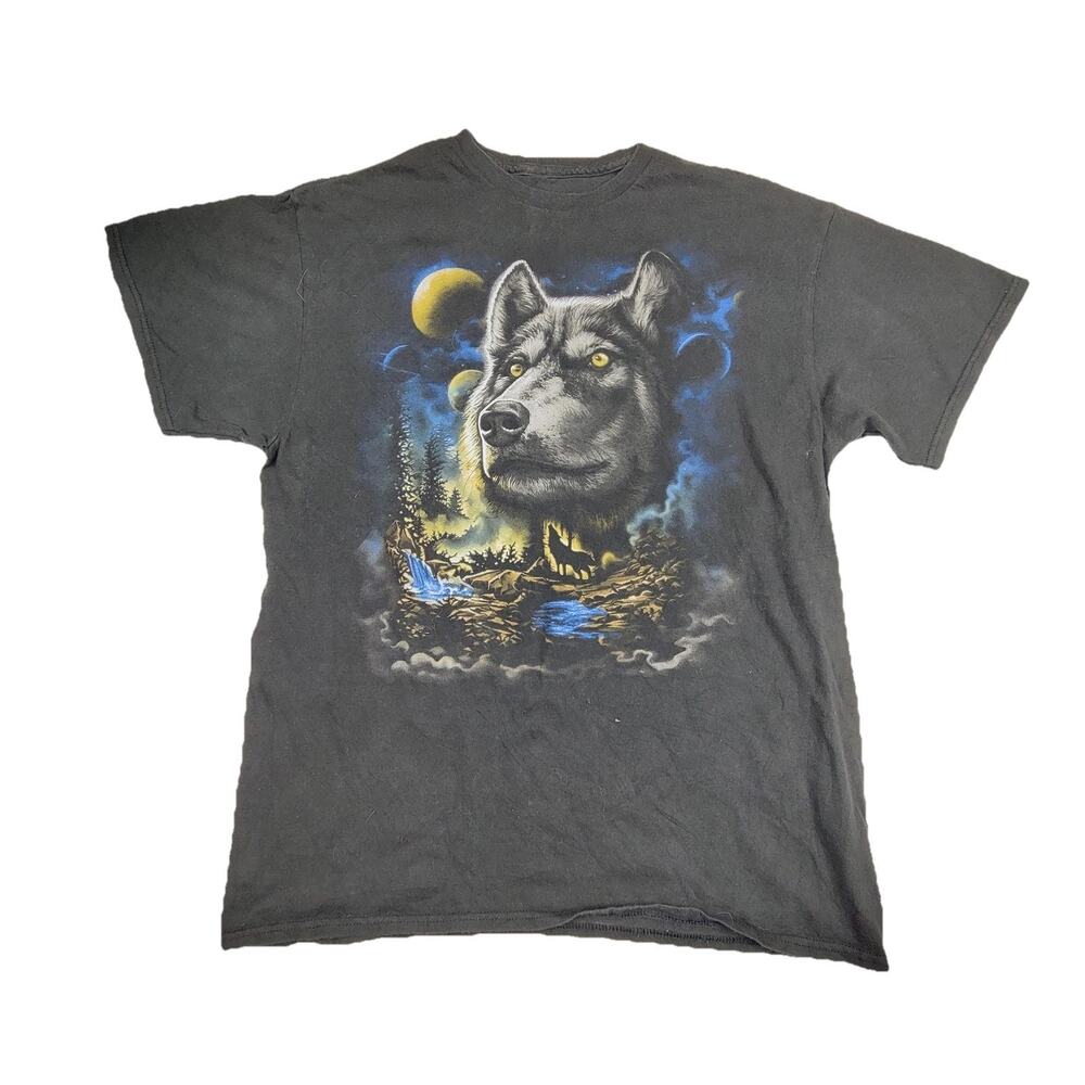 DOM Shirt Mens Large Black Wolf Nature Animals Graphic Tee Tagless Crew Neck